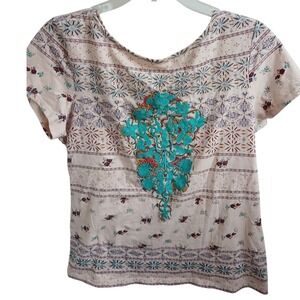Sundance Boho Embroidered Keyhole Back Short Sleeve Top‎ Size S